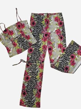 New Y2k Deadstock Animal Print Pink Floral Bow Tie Wide-Leg Pants & Top Set L